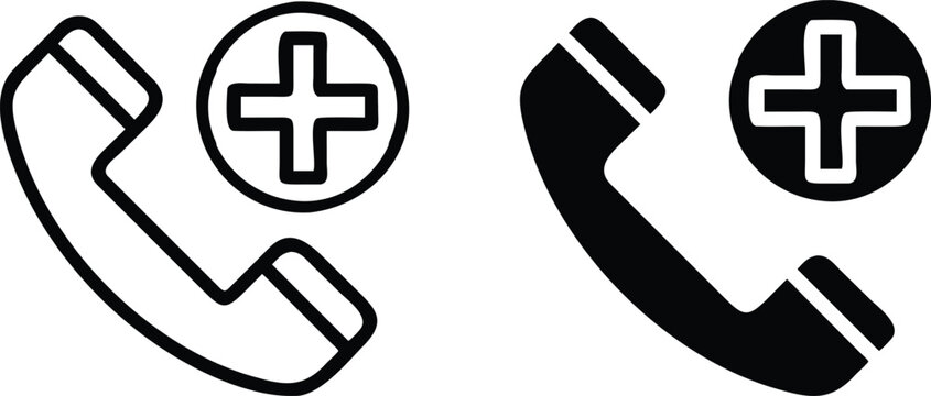 Medical Call Icon Set, Black and White Vector, Emergency Phone Silhouette Outline Illustration