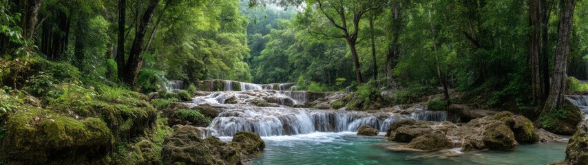 Fototapeta premium Breathtaking waterfall action in lush forest hdr 360 degrees hdri