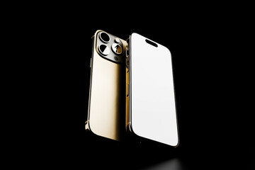 3d render of Elegant gold smartphone with a blank white screen, perfectly angled for showcasing app designs, website layouts, or product presentations in a sleek, modern mockup.