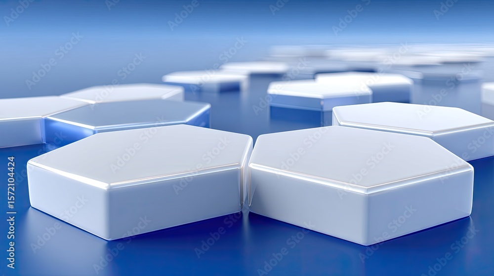 Poster abstract hexagonal nanotech structure: blue and white geometric pattern