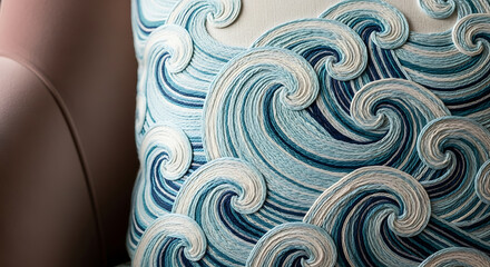 Embroidery Ocean Waves: Textured Aquatic Art on a Cushion