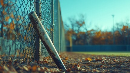Baseball bat leaning against chain-link fence in autumnal park