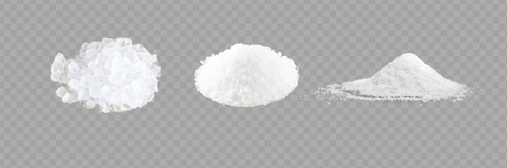 Salt realistic set isolated icons of heaps of edible salt of different crack with salt shakers vector illustration.
