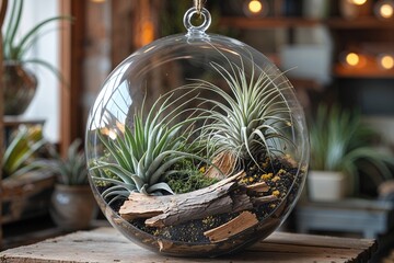 Hanging glass terrarium with air plants and decorative wood on a wooden surface indoors