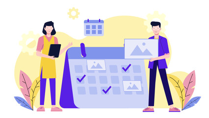 Content Group Finalizing Monthly Publishing Calendar flat vector illustration