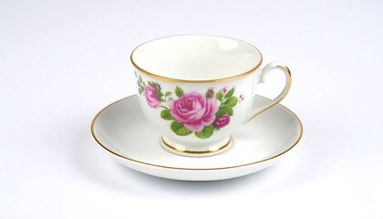 Empty teacup and saucer with pink roses