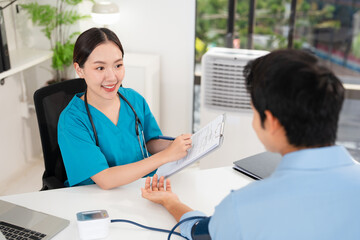 Blood pressure, man and doctor in office with discussion, help and advice for hypertension. Clinic,...