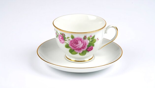 Empty teacup and saucer with pink roses - Powered by Adobe