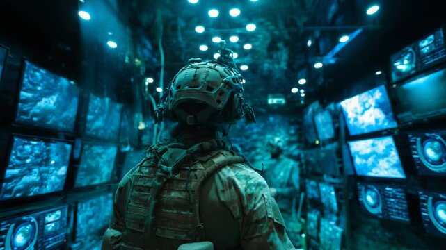 Military personnel in control center monitoring screens for tactical operations