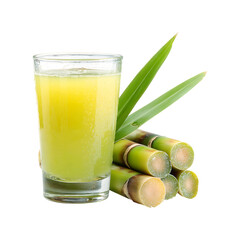 Refreshing glass of natural green sugarcane juice with fresh stalks and leaves isolated on transparent background