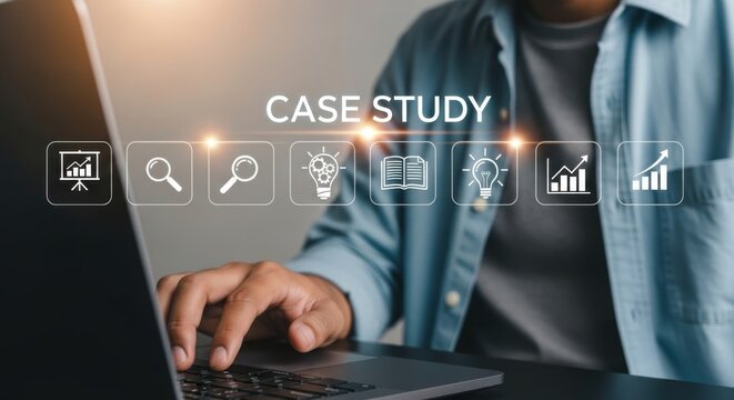 Person analyzing case study data with digital icons on a laptop screen