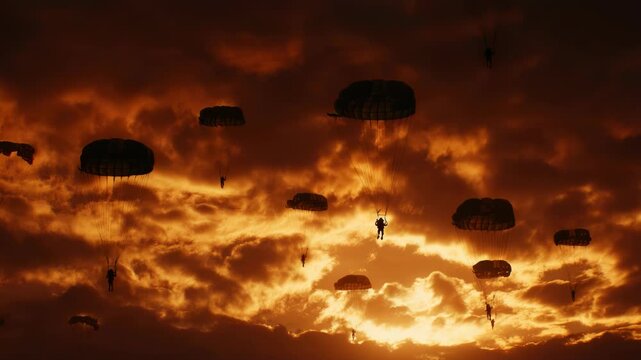 Epic Parachute Descent at Sunset: A Dramatic Aerial Display in Golden Light