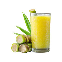Refreshing glass of cold sugarcane juice with condensation next to cut sugarcane stalks and green leaves isolated on transparent background
