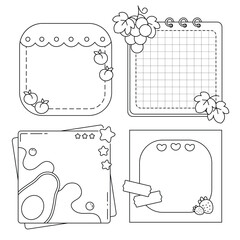 Cute Black and White Memo Pad Coloring Page with Fruit, Stars, and Grid Layouts for Journaling and Scrapbooking
