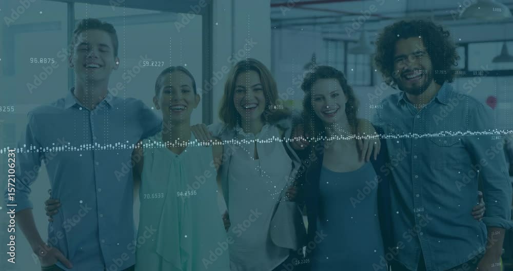 Aufkleber office team linking arms and smiling to camera while digital waveform pulsing over modern office