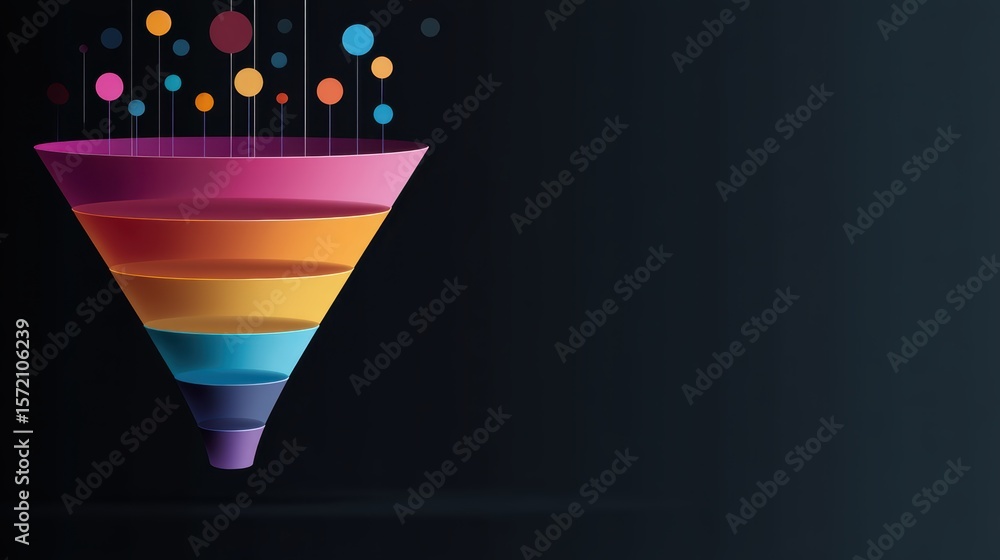 Aufkleber colorful circles flowing down a funnel, visual representation of process and transition