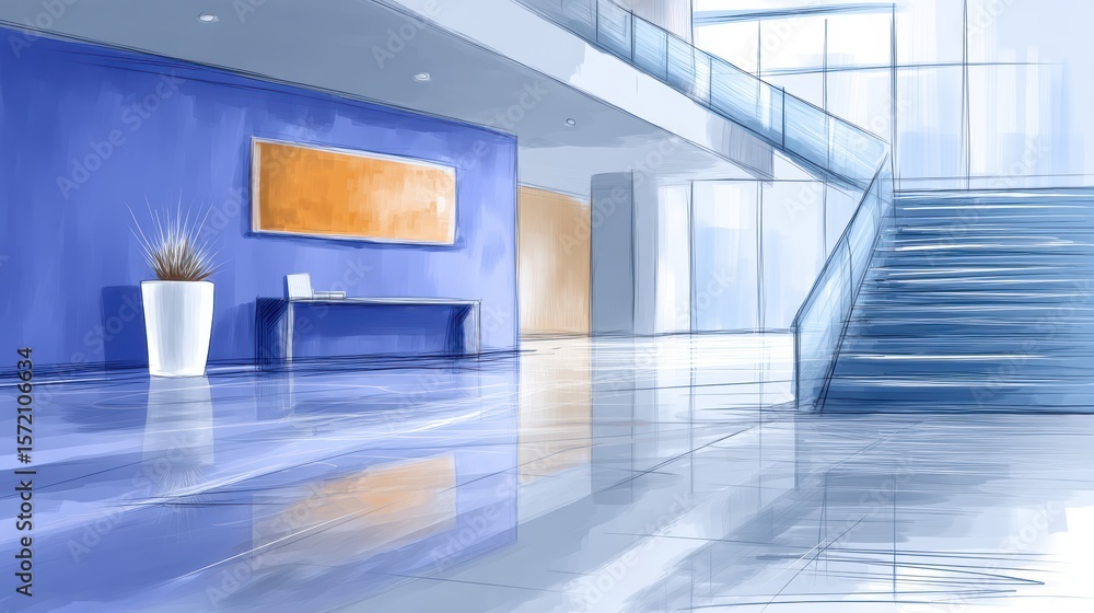 Poster elegant blue and white lobby with modern staircase, a fusion of style functionality in architectural