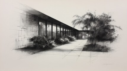 Detailed architectural drawing, modern building with walkway perspective