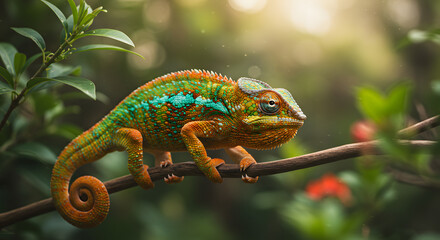 Colorful Chameleon Sitting on Branch in Natural Jungle Environment