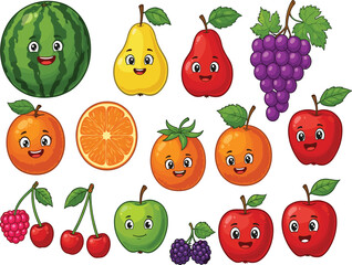 Vibrant Collection of Happy Cartoon Fruits: A Whimsical Assortment of Fresh Watermelon, Pears, Grapes, Oranges, Tomatoes, Apples, Cherries, and Berries for Healthy Fun