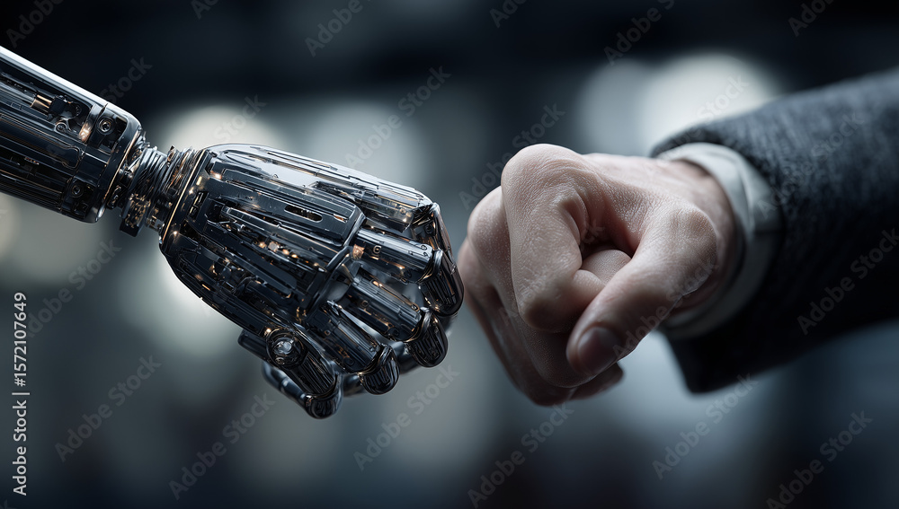 Poster a humanoid robot ai agent hologram sharing knowledge with a human during the singularity symbolizing