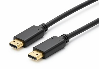 Black HDMI Cable with Gold Connectors on White Background, Close-Up