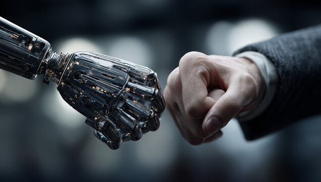 A humanoid robot AI agent hologram sharing knowledge with a human during the singularity symbolizing agentic autonomy and AGI technology in the future using superintelligence