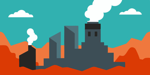 Obraz premium Industrial nuclear power plant silhouette in an urban cityscape under a cloudy sky