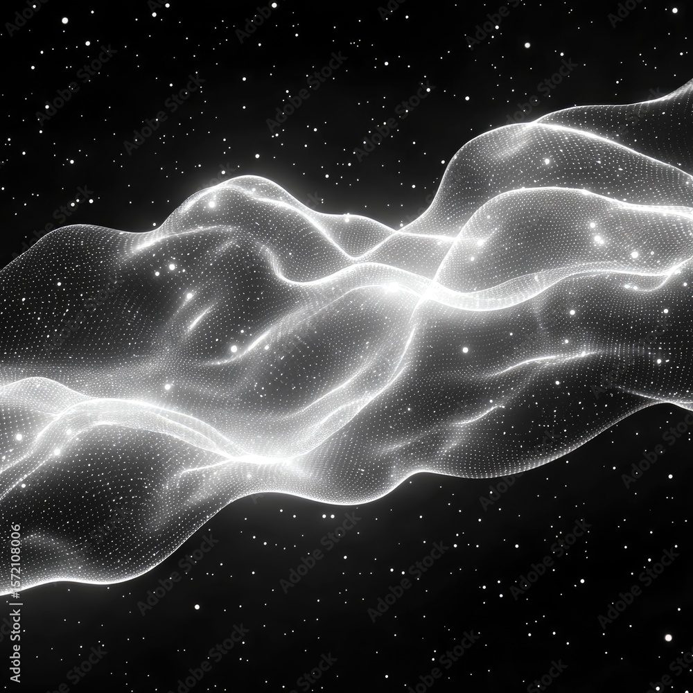 Poster abstract white light particle wave with structured dots on dark background