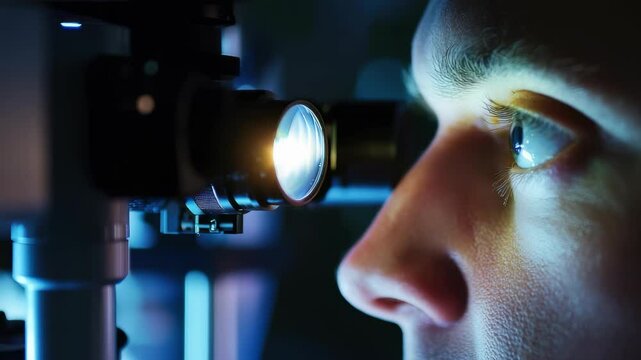 Eye examination process in a modern clinic with advanced equipment and precise lighting techniques