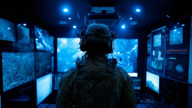 Military surveillance operator analyzing data on multiple screens in dark control room
