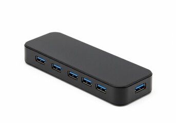 Black USB hub with five ports on a white background, angled view
