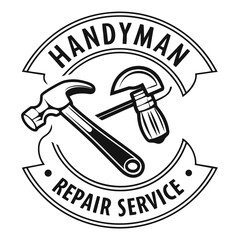 Retro style black and white emblem featuring a hammer and a trowel crossed for a handyman or repair service company logo