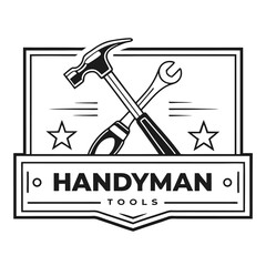Retro emblem featuring crossed hammer and wrench with stars and the words handyman tools