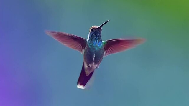 A hummingbird with green, blue, and brown feathers is flying with wings spread on green background green screen bird video