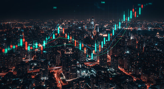 City urban night finance market data technology growth graph skyline