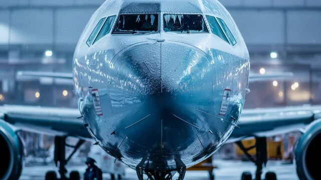 Snow-covered airplane at airport hangar showing details of icy conditions during winter weather
