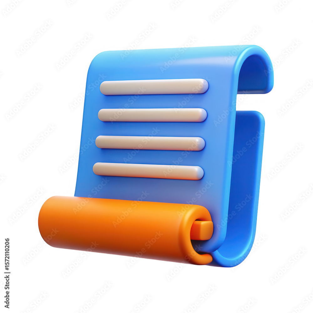 Poster stylized 3d document icon with blue paper and orange scroll isolated on transparent background