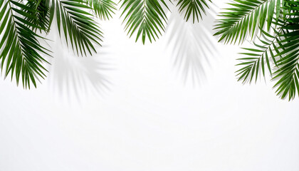 Obraz premium Play of shadows on white background from palm branches and leaves, no people, wallpaper, flat lay