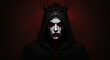 A dark hooded figure with a crown, glowing red eyes, and blood dripping from its mouth.

