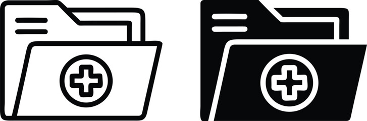 Medical Folder Icon Set, Black and White Vector, Health Record Silhouette Outline Illustration