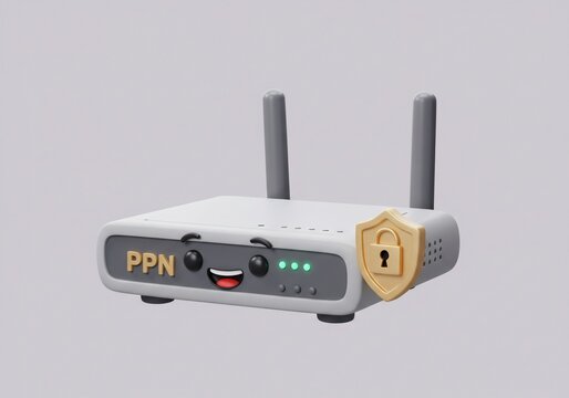 Cartoonish PPN Router with Shield Lock and Smiling Face on a Light Gray Background