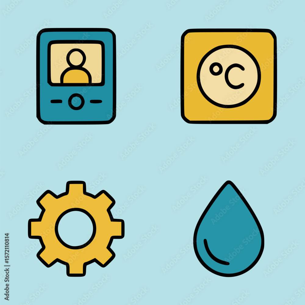 Poster home automation system symbols showing digital display thermostat settings gear and water drop on li