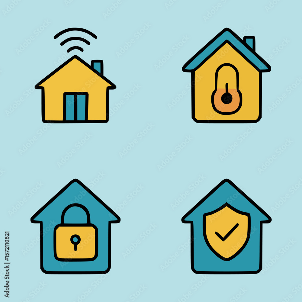 Poster collection of colorful house illustrations symbolizing smart home technology with locks temperature 