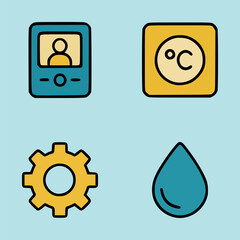 Home automation system symbols showing digital display thermostat settings gear and water drop on light blue background
