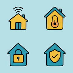 Collection of colorful house illustrations symbolizing smart home technology with locks temperature control and security system