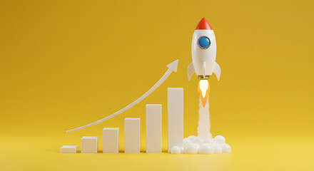 Rocket Launching with Upward Arrow and Bar Graph on Yellow Background