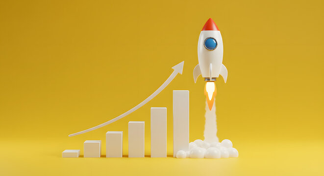 Rocket Launching with Upward Arrow and Bar Graph on Yellow Background