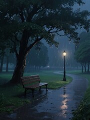 bench at raining night