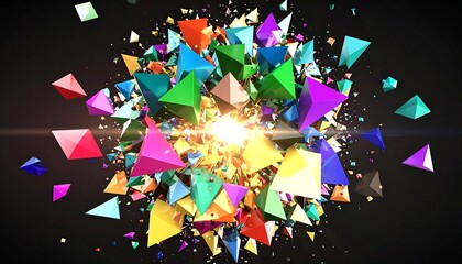 Exploding cluster of colorful, 3D triangular prisms